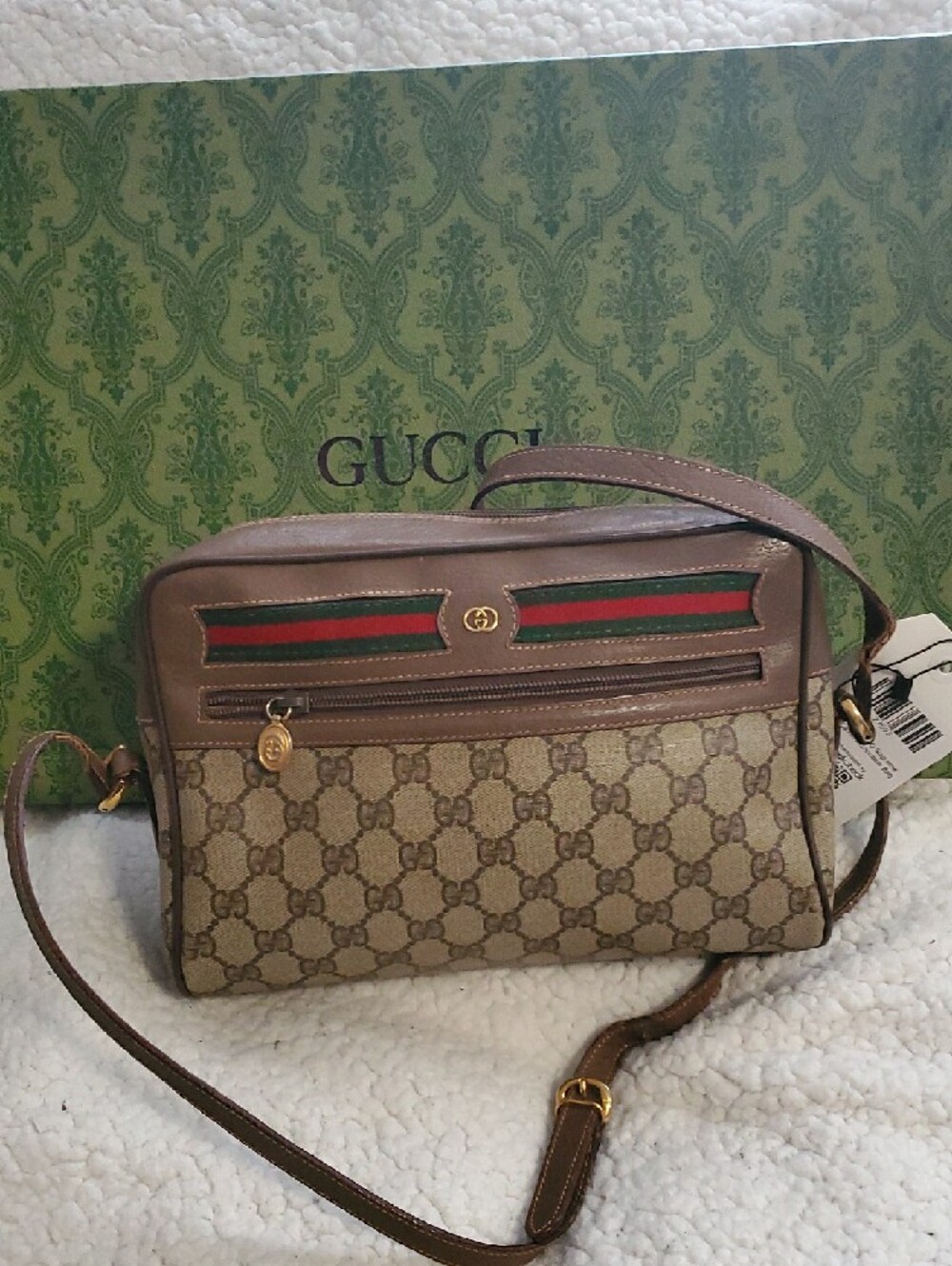 Gucci Brown GG Canvas Messenger Bag with Green-Red Web